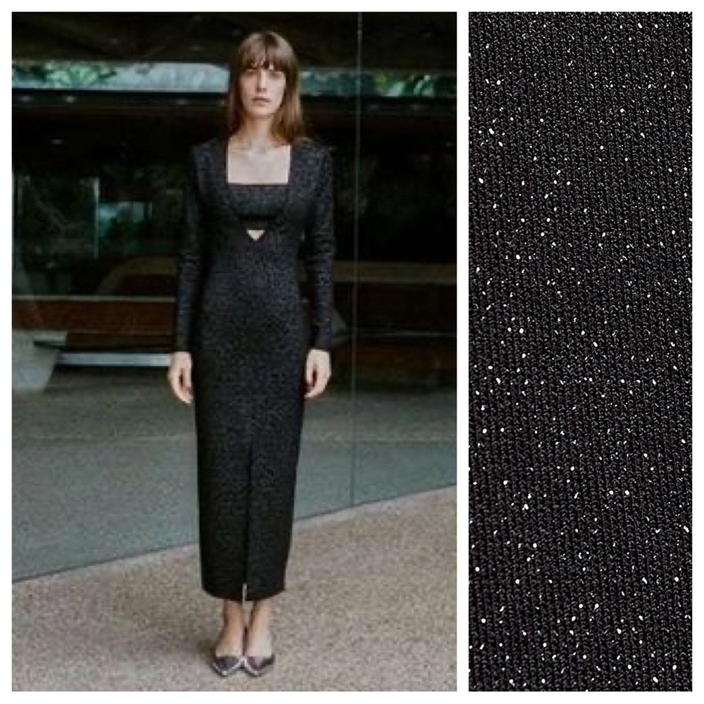 NWT. Zara Black Metallic Thread Stretch Knit Long Dress. Size L.